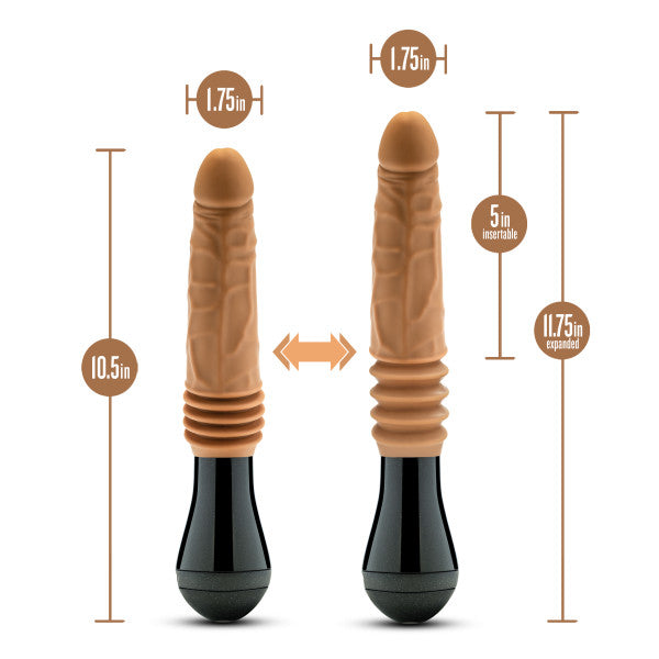 Image displaying the Blush Dr. Arthur Vibrating Thrusting Gyrating Realistic Silicone Dildo in caramel color, phallic-shaped with detailed ribs and black handles. Measurements marked: height 10.5 inches, expandable to 11.75 inches; diameter 1.75 inches; insertable length 5 inches. An arrow points to its expansion capability. Realistic texture detail and body-safe silicone construction are visible.

