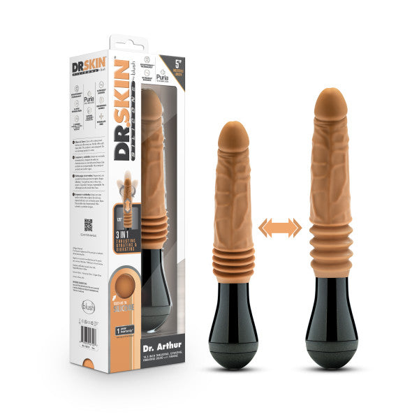 Image of a product titled "Dr. Arthur Vibrating Thrusting Gyrating Realistic Silicone Dildo - Caramel" by Blush, featuring two realistic-looking dildo vibrators with flesh-colored shafts and black handles. The silicone body-safe vibrators offer realistic thrusting pleasure, showcased in the packaging to the left, illustrating multiple vibration settings and texture.