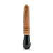 Introducing the Dr. Arthur Vibrating Thrusting Gyrating Realistic Silicone Dildo in a caramel hue by Blush. This phallus-shaped adult toy features a black base, textured veins along the shaft, and ribbed grooves near the base for enhanced grip. Made from body-safe silicone materials, it offers realistic thrusting pleasure.