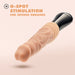 A realistic, vanilla-colored Dr. Knight Vibrating Thrusting Gyrating Realistic Silicone Dildo from the Blush collection is displayed against a light pink background. Text on the image reads, "G-Spot Stimulation for Intense Orgasms." This body-safe toy offers powerful speeds for heightened pleasure.