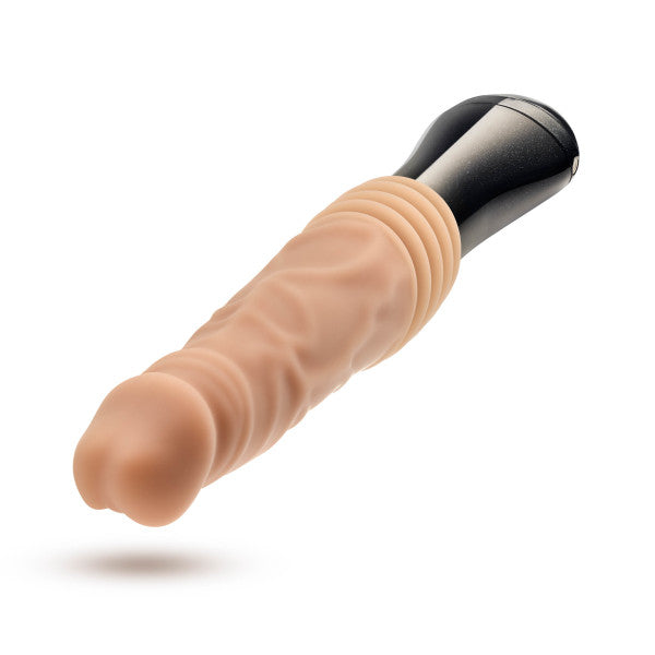 A realistic, vanilla-colored dildo from Blush's Dr. Knight Vibrating Thrusting Gyrating Realistic Silicone Dildo collection is shown against a white background. The body-safe toy features a contoured, phallic shape with prominent veins and a defined head for lifelike sensation, along with powerful speeds to enhance your experience.