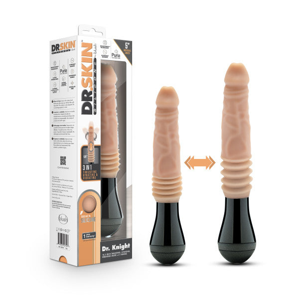 Image of a sex toy named "Dr. Knight Vibrating Thrusting Gyrating Realistic Silicone Dildo - Vanilla" from the Blush collection. The body-safe toy features a realistic penis design with a black handle, and packaging beside it showing the same product along with text detailing its powerful speeds and other features.