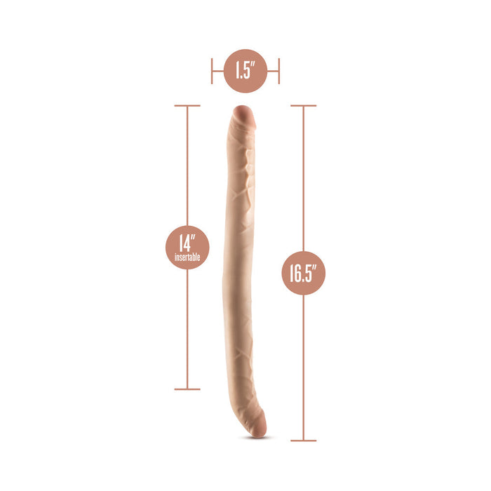 Introducing the Dr. Skin Plus 16.5 Inch Posable Double Dildo - Vanilla by Blush; a beige, elongated silicone dildo designed with precise measurements. This realistic toy boasts a total length of 16.5 inches, an insertable length of 14 inches, and a width of 1.5 inches.