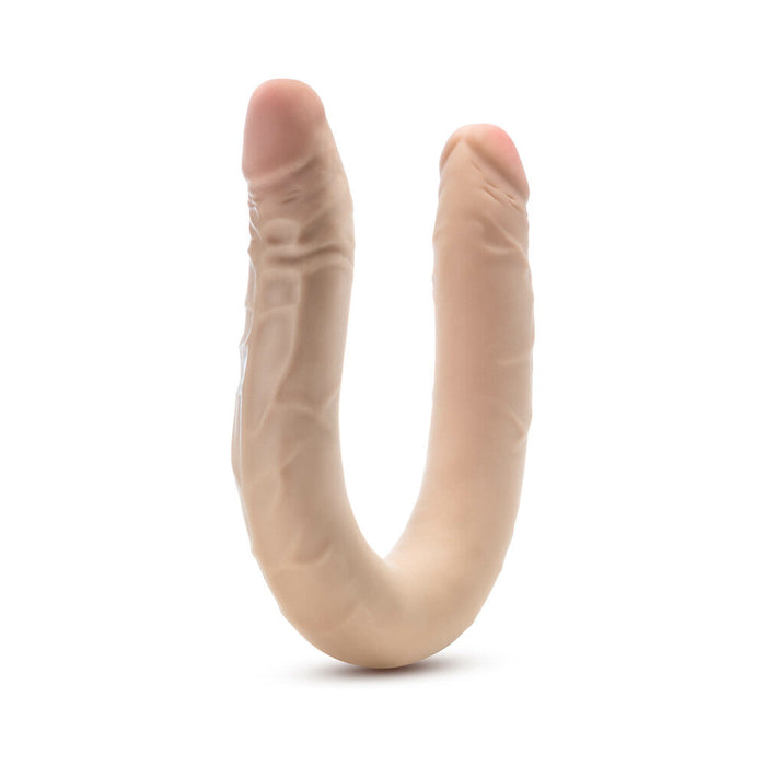 The Dr. Skin Plus 16.5 Inch Posable Double Dildo - Vanilla by Blush is a beige, U-shaped adult toy with realistic veins and a textured appearance, featuring two phallic ends. Slightly bent and standing upright against a white background, this double penetration dildo boasts a flexible core for versatile play.