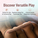 An image showcasing an advertisement for the Dr. Skin Plus 16.5 Inch Posable Double Dildo - Vanilla by Blush. Two individuals are seated on a couch, highlighting the skin-colored, flexible double-ended dildo positioned between them. The text above the image states "Discover Versatile Play," with bullet points listed below to outline the product features.