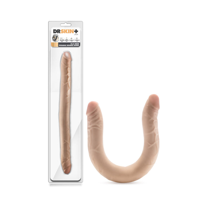 The image displays the Blush Dr. Skin Plus 16.5 Inch Posable Double Dildo - Vanilla both inside its packaging and outside of it. This flexible, flesh-tone sex toy features a poseable core, realistic veins, and sculpted heads on both ends.