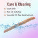 Illustration showing the Dr. Skin Plus 16.5 Inch Posable Double Dildo - Vanilla submerged in water with splashes around it, accompanied by text about care and cleaning from the Blush brand. The text highlights that the item is easy to clean, should be washed with gentle soap, and is compatible with water-based lubricants. Soft pastel background.