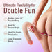 A promotional image featuring the Dr. Skin Plus 16.5-Inch Posable Double Dildo in Vanilla by Blush. The text proclaims: "Ultimate Flexibility for Double Fun," emphasizing its bendable design, suitability for double penetration, and ergonomic reach. A person is holding the realistic dildo against their back.