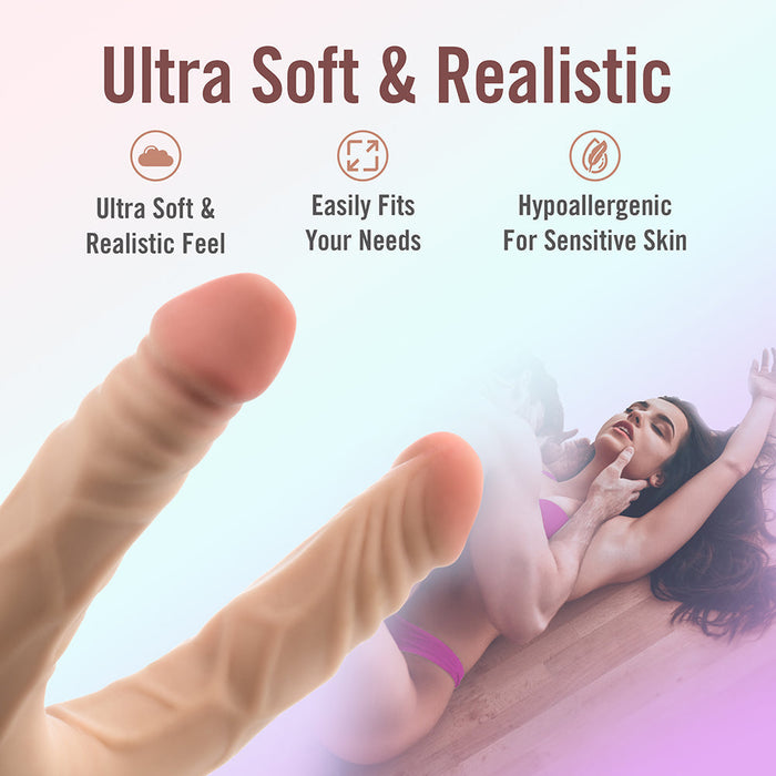 Two realistic-looking, vanilla-colored sex toys, including a 16.5-inch dildo from the Dr. Skin Plus line by Blush, are prominently displayed on the left side of the image. On the right, a woman in pink lingerie lies on her back. Text above highlights features such as "Ultra Soft & Realistic," "Easily Fits Your Needs," and "Hypoallergenic.