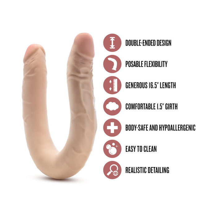 The Dr. Skin Plus 16.5 Inch Posable Double Dildo - Vanilla by Blush is a U-shaped double-ended sex toy with a realistic skin-tone appearance. Crafted from TPE body-safe material, it features posable flexibility, a 16.5-inch length, 1.5-inch girth, and detailed realistic veins ideal for double penetration. Easy to clean and hypoallergenic. Features are listed to the right.
