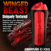 An advertisement showcases a red and black textured sleeve shaped like a creature's head. The text reads, "Dragon Snatch Stroker Fantasy Role Play Stroker by XR Brands. Experience your draconic fantasy with textured ribs, a unique inner tunnel, and a removable sleeve for easy cleanup." The background features a fierce dragon.