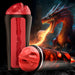 Introducing the Dragon Snatch Stroker Fantasy Role Play Stroker by XR Brands: a black and red stroker with an exquisite dragon-themed design. It features a detailed dragon's head on one end and meticulously crafted interior textures. In the background, a fierce illustration of a fire-breathing dragon sets a dark and dramatic scene, heightening the allure of its textured ribs.