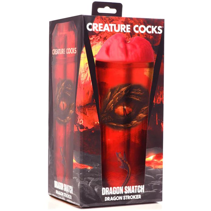 The box packaging for XR Brands' "Dragon Snatch Stroker Fantasy Role Play Stroker" showcases vibrant red and fiery graphics with dragon eye imagery. It highlights the dragon-themed details of the red-topped stroker, complete with textured ribs for added pleasure and a premium silicone plug.