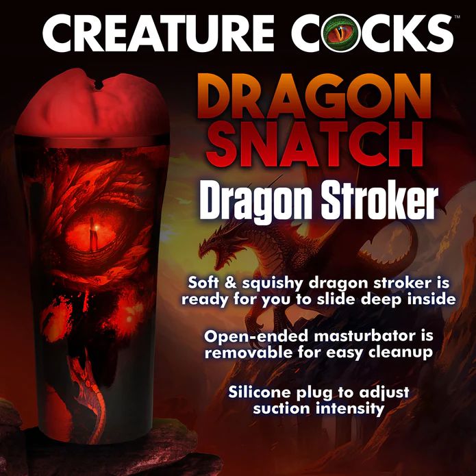 A promotional image features the "Dragon Snatch Stroker Fantasy Role Play Stroker" by XR Brands. The image showcases the red, dragon-themed adult toy with textured ribs, alongside text describing it as a soft, squishy, open-ended masturbator with adjustable suction intensity.