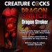 A promotional image features the "Dragon Snatch Stroker Fantasy Role Play Stroker" by XR Brands. The image showcases the red, dragon-themed adult toy with textured ribs, alongside text describing it as a soft, squishy, open-ended masturbator with adjustable suction intensity.