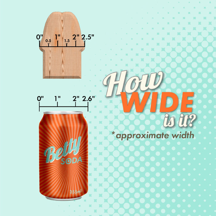 Image comparing the width of a can of Betty Soda with a piece of wood using measurements. The wood is shown to be 2.5 inches wide, while the soda can is approximately 2.6 inches wide. Text reads "How WIDE is it? *approximate width" on a mint green dotted background. Dragon Spawn Dragon Ovipositor Silicone Fantasy Role Play Dildo With Eggs by XR Brands not included.