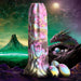 A tall, colorful fantasy object resembling the Dragon Spawn Dragon Ovipositor Silicone Fantasy Role Play Dildo With Eggs by XR Brands stands in a mystical landscape. Nearby, a dragon with several silicone eggs nestled next to it is visible, and in the background, a distant, jagged mountain rises under an ethereal, starry sky.