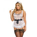 A person dressed in a Dreamgirl Naughty Maid Lace Apron Costume With Ruffle Details One size from Dreamgirl International, including a black bow and lace apron. The attire features a maid cap, thigh-high stockings with garters, and a feather duster. The individual has long blonde hair and is posing with a slight smile.