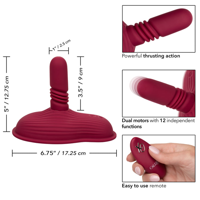 The image showcases the CalExotics Dual Rider Remote Control Thrust & Grind Humping Vibrator in a maroon hue. It provides dimensions in both inches and centimeters, with inset images illustrating its powerful thrusting action. This dual motor massager offers 12 unique functions and includes an easy-to-use remote control for added convenience.