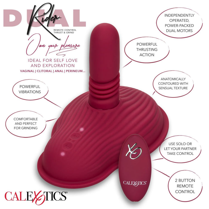 A maroon-colored sexual wellness device labeled "Dual Rider Remote Control Thrust & Grind Humping Vibrator" by CalExotics, featuring an independent dual motor massager design. This waterproof vibrator has a grinding, thrusting motion, is anatomically contoured, and includes a 2-button remote control for solo or partnered use.