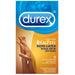 A box of Durex Avanti Bare Real Feel Non-Latex Condoms 10 Pack. The packaging is blue and orange with an image of two hands touching. The text highlights "Natural Skin On Skin Feeling" and states that there are 10 ultra-fine lubricated non-latex condoms inside.