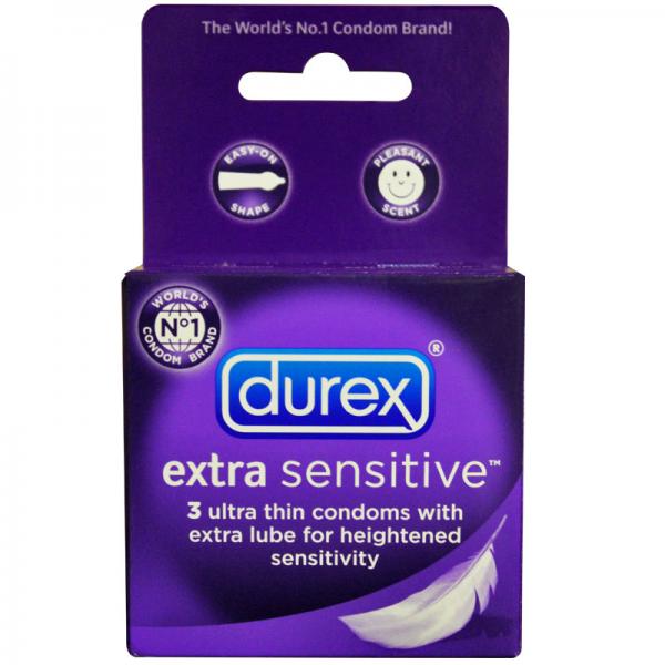 A purple box labeled "Durex Extra Sensitive Lubricated Condoms (3 Pack)" holds 3 super thin condoms with extra lube. It features an easy-on shape, a pleasant latex scent, and the top proudly reads "Durex The World's No.1 Condom Brand.