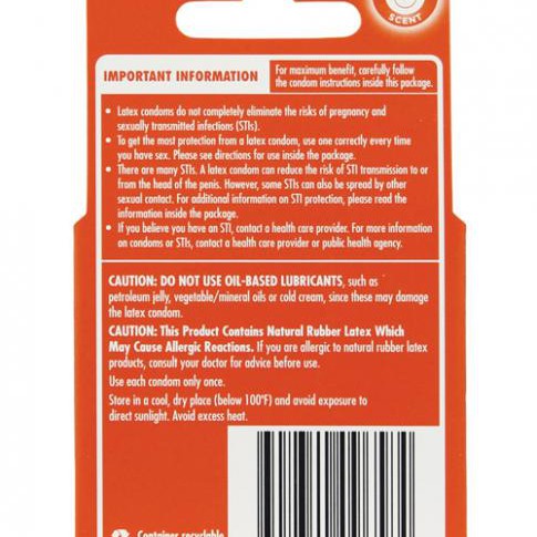 Back of a Durex Intense Sensation Extra Large Condoms Dots 3 Pack package with a bright red background. It contains sections for important information, usage cautions, latex allergy warnings, storage instructions, and the barcode on the bottom. A smiley face logo indicates that the product is electronically tested. Features extra large dots for extreme pleasure.