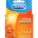 A box of Durex Intense Sensation Extra Large Condoms Dots 3 Pack showcasing an orange and blue design with the Durex logo at the top. The label reads "Intense Sensation Extra Large Dots" for extreme pleasure, featuring 3 ultra-fine lubricated latex studded condoms inside.