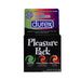 Image of a Durex Pleasure Pack 3 Pack Condoms box. The box features a colorful top section with the Durex logo and text "World's #1 Condom Brand." The lower section is black with the text "Durex Pleasure Pack 3 Pack Condoms" and mentions three types of assorted condoms: Performax, intense sensation, and colors & scents.