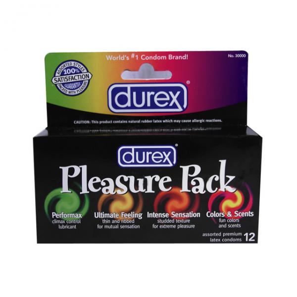 A box of Durex Pleasure Pack Latex Condoms 12 Pack. The black box with colorful illustrations highlights variations like Performax, Ultimate Feeling, Intense Sensation, and Colors & Scents. With climax control lubricant and a top label stating "World's #1 Condom Brand!" and "100% Satisfaction.