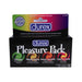 A box of Durex Pleasure Pack Latex Condoms 12 Pack. The black box with colorful illustrations highlights variations like Performax, Ultimate Feeling, Intense Sensation, and Colors & Scents. With climax control lubricant and a top label stating "World's #1 Condom Brand!" and "100% Satisfaction.