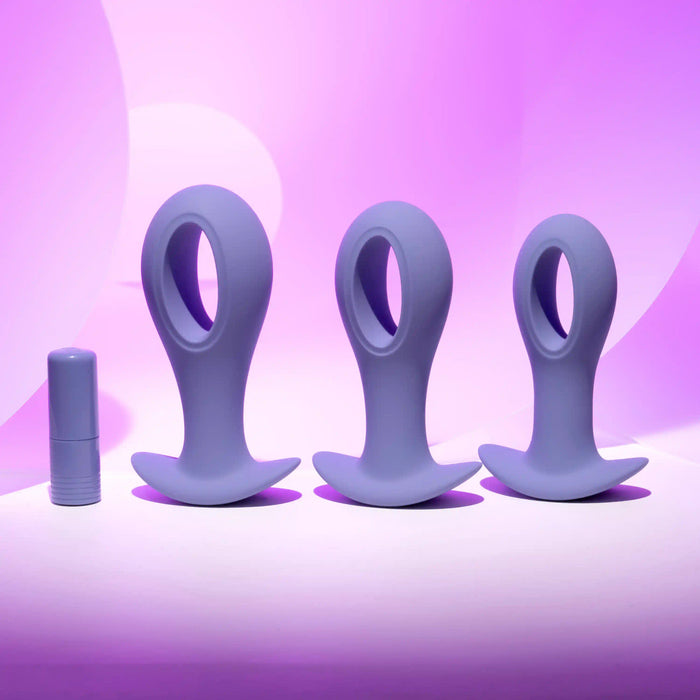 The Hole Punch Vibrating 3 Piece Anal Training Set, featuring three purple cylindrical pieces with circular handles and flat bases, aligns on a gradient purple background. A smaller capsule-shaped item is situated to their left, completing the display.