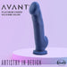 A dark blue Ergo Silicone Suction Cup 7.5 Inch Dildo - Indigo is displayed on a flat, white, circular surface against a light purple background. Text on the image reads "Ergo Silicone Suction Cup 7.5 Inch Dildo" and "Artistry in Design" along with the "Blush" logo. Perfect for pairing with a strap-on harness or prostate stimulation.