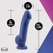 An indigo dildo is shown on a gradient pink, white, and blue background. It has a total length of 7.5 inches, with an insertable length of 6 inches and a width of 1.5 inches. Ideal for prostate stimulation, the product name "Ergo Silicone Suction Cup 7.5 Inch Dildo - Indigo" from the brand Blush is displayed in the corner.