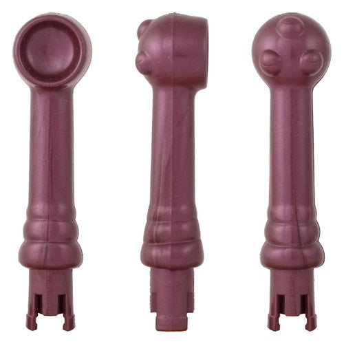 Three views of an Eroscillator 2 Plus by Eroscillator, a maroon-colored, handheld plastic stimulator featuring three differently shaped heads. The first head has a flat circular design, the second includes a small spherical protrusion on the side, and the third is a round bulbous head with four small bumps designed to enhance orgasmic response.