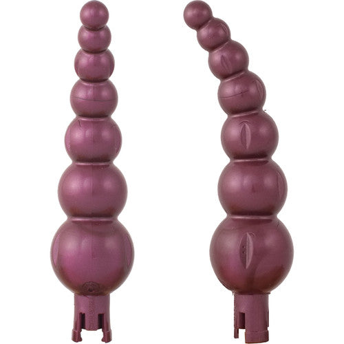 The image shows two Eroscillator 2 Plus Top Deluxe Combo devices from Eroscillator in purple, featuring beaded, conical shapes. Each device has a series of progressively larger round sections from top to bottom and ends with a small connector at the base, designed for optimized orgasmic response.