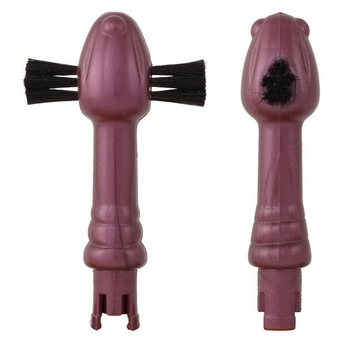 The image displays a maroon-colored pet toothbrush with side bristles. Featuring a cylindrical handle with a textured grip area, it closely resembles the Eroscillator 2 Plus Top Deluxe Combo from the brand Eroscillator. The toothbrush is depicted upright in one view and flipped backward in another, offering various perspectives.