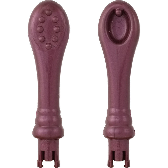 The Eroscillator 2 Plus Top Deluxe Combo by Eroscillator includes two purple plastic attachments, both designed with small protrusions on top. The left attachment features a rounded end with multiple raised dots, while the right one has a spoon-like shape with a single indentation in the middle. Both attachments have grooved bases for easy connection to this sexual stimulator.