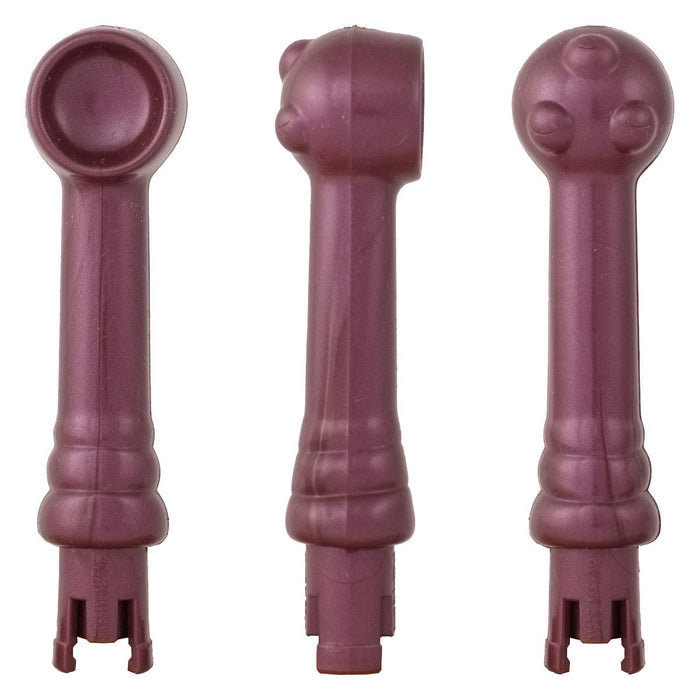 Three purple minifigure heads with varying designs: from left to right, one has a concave top, one resembles the Eroscillator 2 Plus Top Deluxe Combo with a small bump evocative of its stimulating features, and one has two circular indentations along with a dome-shaped top. All three have cylindrical bases with two vertical notches for attachment.