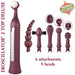 An erotic massager titled "Eroscillator 2 Plus Top Deluxe Combo" by the brand Eroscillator in maroon color is shown with six attachments featuring nine different heads, including a rounded head, beaded designs, a brush-like head, and more. This versatile personal vibrator promises to enhance your orgasmic response with its varied stimulator options.