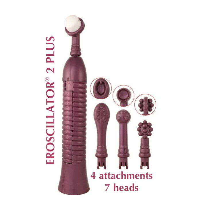 The Eroscillator 2 Plus by Eroscillator is a maroon massager with a ribbed handle, crafted for ultimate relaxation and pleasure. It features a white rounded head and comes with four different attachments for versatile stimulation. The text reads, "EROSCILLATOR 2 PLUS, 4 attachments, 7 heads." This stimulator is ideal for achieving the perfect massage or an intense orgasm.