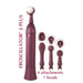 The Eroscillator 2 Plus by Eroscillator is a maroon massager with a ribbed handle, crafted for ultimate relaxation and pleasure. It features a white rounded head and comes with four different attachments for versatile stimulation. The text reads, "EROSCILLATOR 2 PLUS, 4 attachments, 7 heads." This stimulator is ideal for achieving the perfect massage or an intense orgasm.