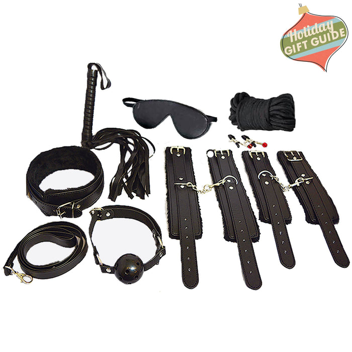 Introducing the Ple'sur Everything Bondage 9 Piece Beginner's Bondage Kit in Black. This sleek starter set features a whip, blindfold, rope, collar, gag, and wrist and ankle restraints. Perfectly designed for sensory thrill seekers, this elegant kit is beautifully arranged against a white background.