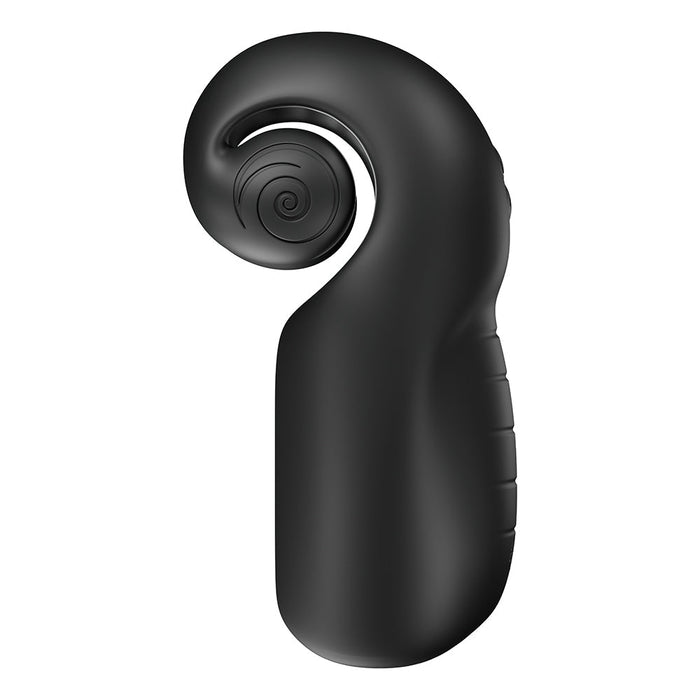 The Evo Penis Masturbator with Head & Shaft Vibrations by Snail Vibe is a black handheld massager featuring a unique spiral-shaped head. The device is designed with a curved, ergonomic handle that has a smooth finish and textured grips for easy handling, ensuring an intense pleasure experience.