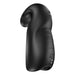 The Snail Vibe Evo Penis Masturbator with Head & Shaft Vibrations is a black, sleek, ergonomically-designed personal massager featuring contoured ridges and a spiral-like detail at the top. It delivers intense pleasure experiences through its soothing vibrations and includes buttons and certification marks on the back.