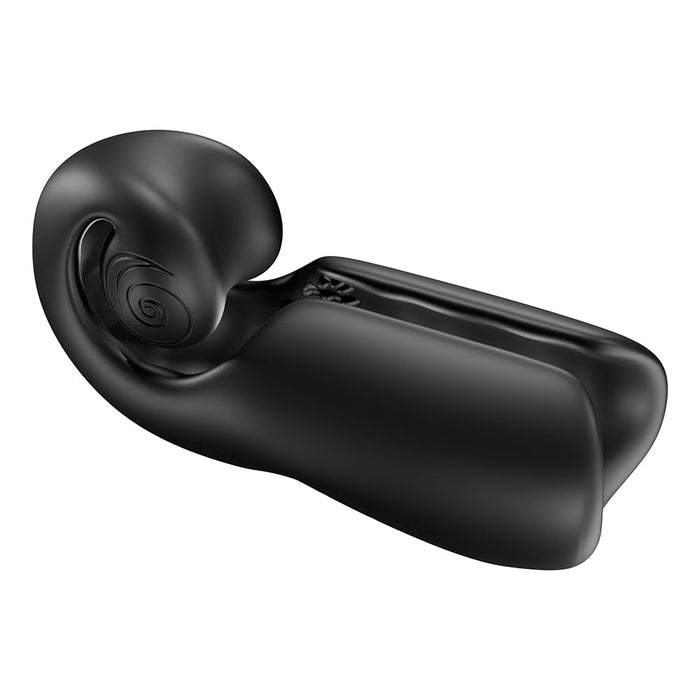 A sleek, black object with a curved, ergonomic design and distinctive spiral detailing at one end, resembling a modern piece of sculptural lounge furniture. The smooth and glossy surface promises an intense pleasure experience. This is none other than the Evo Penis Masturbator with Head & Shaft Vibrations by Snail Vibe.