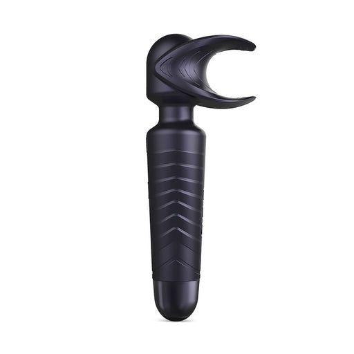 The Evo Vibrating Male Stroker and Couples Vibrator is a black, waterproof handheld massage tool with a textured grip and U-shaped head, ideal for targeted muscle relief.