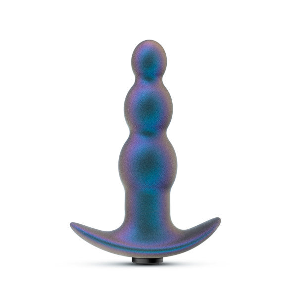 Introducing the Expedition Beaded Vibrating Silicone Butt Plug by Blush, this anal plug boasts a metallic sheen with a beaded design and a flared base for safe use. The body-safe silicone material is iridescent, showcasing captivating hues of blue, purple, and green.