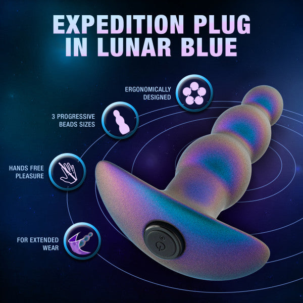 Promotional image for the "Expedition Beaded Vibrating Silicone Butt Plug" by Blush, showcasing a gradient-colored plug with three bead sizes. With its USB rechargeable, silicone body-safe design, it offers textured vibrations for hands-free pleasure and extended wear against a cosmic background.