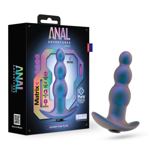 The image displays a packaged product from Blush called the "Expedition Beaded Vibrating Silicone Butt Plug." This silicone plug features a beaded texture and a shimmering rainbow finish. The packaging emphasizes its "body-safe" qualities, "textured vibrations," and convenient USB rechargeable design.